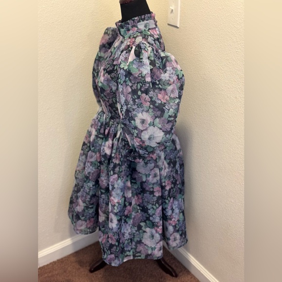 Selkie The Nirvana Royal Puff Sleeve Dress Fit Flare Chiffon Secret Garden M NEW - Picture 5 of 13